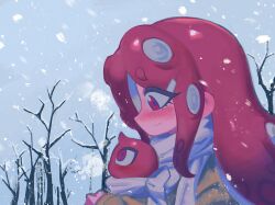  1girl bare_tree blue_sky blush breath closed_mouth commentary eyelashes from_side highres long_hair nintendo octoling octoling_girl octoling_player_character octopus outdoors red_eyes scarf sidelocks sideways_mouth sky smile snowing splatkae splatoon_(series) symbol-only_commentary tentacle_hair tree white_scarf winter 