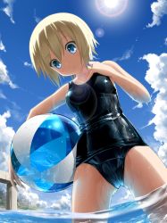  1girl ball beachball blonde_hair blue_eyes blush breasts cloud day erica_hartmann goribote medium_breasts one-piece_swimsuit partially_submerged school_swimsuit shiny_clothes short_hair skindentation sky solo strike_witches sunlight swimsuit wading water wet wet_clothes wet_swimsuit world_witches_series  rating:Sensitive score:44 user:danbooru