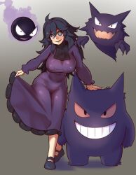  1girl :d @_@ absurdres ahoge alternate_breast_size black_hair breasts clothes_lift commentary_request covered_erect_nipples creatures_(company) dress dress_lift evolutionary_line game_freak gastly gen_1_pokemon gengar grey_eyes hair_between_eyes hairband haunter hex_maniac_(pokemon) highres large_breasts long_hair long_sleeves looking_at_viewer nintendo open_mouth pokemon pokemon_(creature) pokemon_xy purple_dress purple_hairband shoes smile standing tomoko908_(nap4342) 