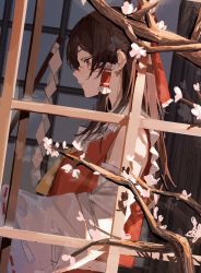1girl ascot bow brown_eyes brown_hair cherry_blossoms commentary dutch_angle frilled_hair_tubes frills gohei hair_bow hair_tubes hakurei_reimu highres long_hair parted_lips pkokonatu profile red_bow red_vest ribbon-trimmed_sleeves ribbon_trim solo touhou tree upper_body vest white_sleeves wide_sleeves window yellow_ascot rating:General score:8 user:danbooru