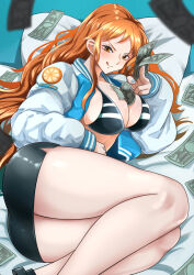  1girl absurdres alternate_costume bare_legs bed_sheet bikini bikini_top_only black_bikini black_skirt blue_nails blush breasts cleavage commentary_request commission falling_money feet_out_of_frame food fruit highres holding holding_money jacket large_breasts long_hair long_sleeves looking_at_viewer lying mandarin_orange mandarin_orange_slice miniskirt money nail_polish nami_(one_piece) on_side one_piece open_clothes open_jacket orange_eyes orange_hair pencil_skirt pillow skeb_commission skirt solo swimsuit thighs tongue tongue_out wavy_hair yamada_otonari 