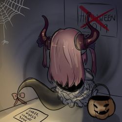  1girl artist_request bow bug dress elizabeth_bathory_(fate) elizabeth_bathory_(fate) fate/grand_order fate_(series) horns jack-o&#039;-lantern long_hair looking_away pink_hair pout pumpkin sign silk sitting on_floor solo spider spider_web tail twintails  rating:Sensitive score:8 user:Megaericzero