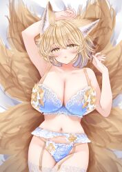  1girl :o animal_ears arm_up armpits blonde_hair blush bra breasts cleavage collarbone fox_ears fox_girl fox_tail highres huge_breasts lace lace_bra lace_garter_belt lace_panties looking_at_viewer lying multiple_tails navel on_back panties sarasadou_dan solo tail thong touhou underwear underwear_only yakumo_ran yellow_eyes 