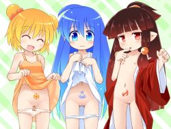  3girls :d ^_^ blue_eyes blue_hair bow bow_panties cleft_of_venus clitoris closed_eyes clothes_lift double_bun dress dress_lift fang flame_iii flat_chest hair_bun japanese_clothes kimono kso loli long_hair md5_mismatch multiple_girls navel nipples nuclear_iii open_clothes open_kimono open_mouth panties panty_pull pointy_ears pubic_tattoo pussy red_eyes red_hair resolution_mismatch single_hair_bun smile source_smaller tattoo thigh_gap underwear very_long_hair viprpg water_i white_panties  rating:Explicit score:81 user:danbooru