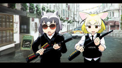  10s 2girls animal_ears aviator_sunglasses blonde_hair brown_eyes chromatic_aberration commentary_request common_raccoon_(kemono_friends) crossover fennec_(kemono_friends) fox_ears grey_hair gun hot_fuzz jitome kemono_friends letterboxed multicolored_hair multiple_girls raccoon_ears short_hair shotgun sunglasses ueyama_michirou weapon 