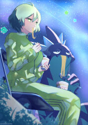 1girl ahoge black_eyes breasts casual chair creatures_(company) crossover cup cup_ramen disposable_cup eating folding_chair food fork game_freak gen_7_pokemon gen_8_pokemon gogat8 green_hair green_track_suit half-closed_eyes highres hikage_(senran_kagura) instant_ramen jacket large_breasts minior minior_(blue_core) minior_(core) minior_(green_core) night night_sky nintendo nissin_cup_noodle noodles pants pokemon pokemon_(creature) ramen senran_kagura senran_kagura_shoujo-tachi_no_shin&#039;ei shooting_star short_hair sitting sky slit_pupils star_(sky) star_(symbol) starry_sky toxtricity toxtricity_(low_key) track_jacket track_pants track_suit yellow_eyes