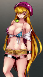 1girl adapted_costume american_flag_bikini aoshima bikini bikini_top_only blonde_hair breasts cleavage clownpiece collarbone cuffs flag_print grin hair_over_one_eye hat highres large_breasts long_hair looking_at_viewer navel aged_up pink_eyes shackles shirt short_shorts shorts smile smug solo strap_gap swimsuit thigh_strap tied_shirt touhou very_long_hair rating:Questionable score:29 user:danbooru