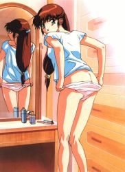  1990s_(style) 1girl ass blue_seed brown_hair butt_crack fujimiya_momiji green_eyes hair_brush half_updo long_hair looking_back low-tied_long_hair mirror official_art panties panty_pull reflection retro_artstyle scan shirt solo underwear undressing  rating:Questionable score:28 user:danbooru