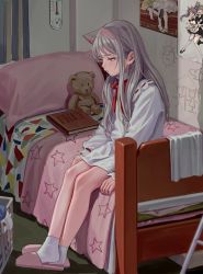 1girl absurdres animal_ears artist_name cat_ears dress feiqizi_(fkey) fkey frown grey_hair highres legs long_hair maid on_bed original pantyhose poster_(object) red_eyes sitting slippers socks solo thighhighs thighs rating:Sensitive score:28 user:danbooru