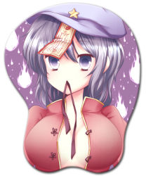  1girl bad_id bad_pixiv_id beret blue_eyes blue_hair breast_mousepad breasts cleavage female_focus ghost grey_hair hat jiangshi large_breasts matching_hair/eyes miyako_yoshika mousepad mousepad_(medium) mouth_hold ofuda open_clothes open_shirt purple_eyes red_shirt ribbon ribbon_in_mouth sanotsuki shirt solo star_(symbol) touhou upper_body  rating:Sensitive score:2 user:danbooru