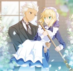  1boy 1girl ahoge alternate_costume apron archer_(fate) artoria_pendragon_(fate) blonde_hair blue_dress blue_ribbon broom brown_eyes butler carrying cimeri closed_mouth dress enmaided fate/stay_night fate_(series) formal green_eyes hair_ribbon maid maid_apron necktie open_mouth outdoors princess_carry ribbon suit sweeping white_hair 