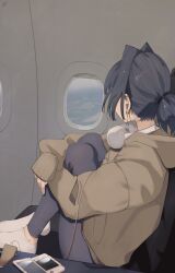  1girl absurdres aircraft airplane airplane_interior alternate_costume blue_hair brown_hoodie commentary earrings english_commentary handheld_game_console headphones headphones_around_neck highres hololive hololive_english hood hoodie jewelry knees_up leggings looking_outside nintendo_ds o22no ouro_kronii ponytail sitting solo virtual_youtuber 