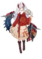  1girl absurdres alternate_costume antenna_hair aoqun azur_lane black_background blush boots breasts brown_footwear chinese_clothes closed_mouth folding_fan full_body grey_hair hair_between_eyes hand_fan hanfu headgear highres holding holding_fan jiaoling_ruqun long_hair long_sleeves looking_at_viewer machinery multicolored_hair paper_fan prinz_eugen_(azur_lane) red_hair rigging simple_background skirt smile solo standing streaked_hair tuanshan turret two_side_up uchiwa white_hair wide_sleeves zheizhi_daimiao 
