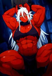  1girl abs annoyed bdsm biceps bondage bound breasts cleavage collar colored_skin cuffs demon demon_girl demon_horns dungeon flexing furrowed_brow highres horns large_breasts muscular muscular_female navel obliques oc_character oni original quads red_skin restrained shackles solo squatting steaming_body sweat thighs torn_clothes veins white_hair yellow_eyes  rating:Explicit score:18 user:JeeJuBean
