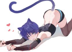  1boy animal_ear_fluff black_shorts blue_eyes bridal_gauntlets brown_thighhighs cat_boy chobonu crop_top elbow_gloves eyelashes foot_out_of_frame genshin_impact gloves hair_between_eyes heart highres looking_at_viewer male_focus mouth_hold purple_hair purple_tail red_ribbon ribbon scaramouche_(genshin_impact) shadow shirt short_hair short_shorts shorts simple_background skin_tight skindentation sleeveless sleeveless_shirt solo thighhighs thighs top-down_bottom-up trap wanderer_(genshin_impact) white_background 