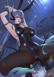  ? anchor_ornament animal_ears arm_strap armpits arms_up azur_lane black_footwear black_leotard blue_hair bodystocking covered_erect_nipples covered_navel fake_animal_ears full_body high_heels highres impossible_clothes impossible_leotard leotard long_hair looking_at_viewer new_jersey_(azur_lane) new_jersey_(exhilarating_steps!)_(azur_lane) nightclub official_alternate_costume playboy_bunny pole pole_dancing purple_eyes rabbit_ears sade_abyss skin_tight spread_legs squatting stage_lights stiletto_heels stripper_pole 
