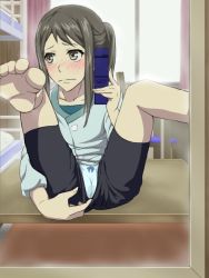 10s 1girl barefoot bed bike_shorts black_hair blush bow bow_panties brown_eyes bunk_bed cameltoe cellphone clothes_pull dom_(jiromike2000) feet female_focus flip_phone foot_focus hanasaku_iroha heart indoors legs_up long_hair looking_away mirror on_table panties phone pink_curtains ponytail pulling_own_clothes pussy_juice reflection self_exposure selfie shorts shorts_pull sitting soles solo spread_legs standing table tagme toes tsurugi_minko underwear wet wet_clothes wet_panties window rating:Explicit score:41 user:galgo