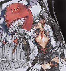  1girl black_gloves black_skirt black_thighhighs bodysuit breasts center_opening cleavage clothing_cutout fingerless_gloves gloves guilty_gear guilty_gear_2 hair_over_one_eye hat highres jester_cap long_sleeves looking_at_viewer lucifero_(guilty_gear) medium_breasts medium_hair necktie nyami red_eyes red_hair red_necktie skirt skull thighhighs valentine_(guilty_gear) white_bodysuit 