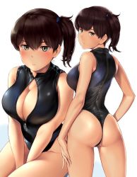  1girl ass back bare_shoulders between_legs black_one-piece_swimsuit blush breasts brown_eyes brown_hair cleavage closed_mouth collarbone commentary_request cowboy_shot front_zipper_swimsuit hair_between_eyes hand_between_legs highleg highleg_swimsuit kaga_(kancolle) kantai_collection large_breasts leotard long_hair looking_at_viewer looking_back meme_attire multiple_views one-piece_swimsuit one-piece_thong side_ponytail simple_background sitting standing swimsuit thighs thong_leotard unzipped wa_(genryusui) white_background zipper  rating:Sensitive score:46 user:danbooru