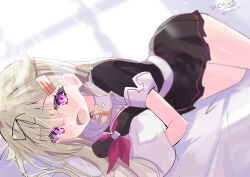  1girl absurdres black_shirt black_skirt blonde_hair feet_out_of_frame hair_flaps highres hizaka hugging_object kantai_collection long_hair lying neckerchief on_side one-hour_drawing_challenge open_mouth pillow pillow_hug pleated_skirt red_eyes red_neckerchief sailor_collar sailor_shirt scarf shirt skirt solo white_sailor_collar white_scarf yuudachi_(kancolle) yuudachi_kai_ni_(kancolle) 