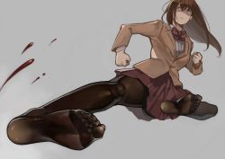 1girl absurdres ass bad_id bad_twitter_id black_pantyhose blood brown_eyes brown_hair clenched_hands feet female_focus foot_focus highres long_hair matching_hair/eyes neck_ribbon no_shoes original pantyhose red_ribbon ribbon school_uniform skirt soles solo toes yomu_(sgt_epper) rating:Sensitive score:16 user:danbooru
