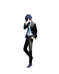  1boy absurdres black_jacket black_pants blue_eyes blue_hair closed_mouth collared_shirt commentary english_commentary full_body gekkoukan_high_school_uniform green_ribbon hair_between_eyes hair_over_one_eye hand_in_pocket highres jacket long_sleeves male_focus neck_ribbon official_art open_clothes open_jacket pants persona persona_3 persona_3_reload ribbon school_uniform shirt simple_background solo standing white_background yuuki_makoto_(persona_3)  rating:General score:4 user:danbooru