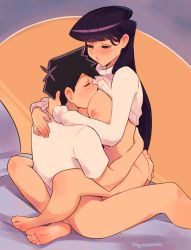  1boy 1girl artist_name barefoot black_hair bottomless breasts closed_eyes clothes_lift commentary couple english_commentary feet half-closed_eyes happy_sex hetero hug implied_sex komi-san_wa_komyushou_desu komi_shouko large_breasts leg_lock long_hair long_sleeves nipples parted_lips sitting soles squeezable_(squeezabledraws) straddling sweater sweater_lift tadano_hitohito toes turtleneck turtleneck_sweater upright_straddle white_sweater  rating:Explicit score:419 user:danbooru