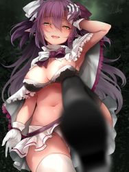  1girl :d areola_slip black_bra blurry blurry_foreground blush bra breasts capelet earrings fangs gloves gluteal_fold groin hair_ribbon half-closed_eyes hand_on_own_head highres jewelry large_breasts lingerie long_hair looking_at_viewer miniskirt navel nipple_slip nipples open_mouth original panties pointy_ears pov ribbon sidelocks signature skindentation skirt smile solo stepping stomach strapless strapless_bra thighhighs tress_ribbon underwear usuki_(graygreed) white_capelet white_gloves white_panties white_ribbon white_skirt white_thighhighs yellow_eyes  rating:Questionable score:18 user:danbooru