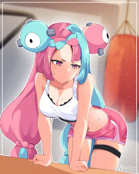  1girl absurdres alternate_costume annoyed aqua_hair arm_support artist_name breasts character_hair_ornament cleavage collarbone creatures_(company) crop_top dolphin_shorts game_freak hair_ornament highres iono_(pokemon) large_breasts midriff multicolored_hair navel nintendo pink_eyes pink_hair pokemon pokemon_sv punching_bag shorts sweat thigh_strap twintails two-tone_hair v-shaped_eyebrows weiic  rating:Sensitive score:58 user:danbooru