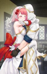  1boy 1girl absurdres boots breast_press breasts bridal_veil bride closed_eyes commission commissioner_upload couple dress fire_emblem fire_emblem_engage fire_emblem_heroes flower gloves gold_trim hairband hetero highres hood hood_up hooded_robe hug igni_tion indoors kiran_(fire_emblem) kiran_(male)_(fire_emblem) lapis_(fire_emblem) lapis_(mighty_bride)_(fire_emblem) leather leather_gloves leg_lock looking_at_viewer medium_breasts nintendo non-web_source official_alternate_costume red_flower red_rose robe rose sleeves_rolled_up standing_leg_lock thigh_boots two-tone_hairband veil wedding_dress white_hairband white_robe yellow_hairband 