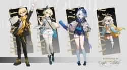 1boy 3girls absurdres aether_(genshin_impact) ahoge alternate_costume black_bow black_bowtie black_eyes black_shirt blonde_hair blue_eyes blue_hair book bow bowtie character_name flying full_body furina_(genshin_impact) genshin_impact hairband hayama_eishi highres holding holding_book leg_up light_blue_hair looking_at_viewer lumine_(genshin_impact) multiple_girls paimon_(genshin_impact) picture_book scarf shirt short_hair simple_background socks staff standing standing_on_one_leg tachi-e thigh_strap thighhighs white_hair white_socks white_thighhighs yellow_eyes yellow_scarf 