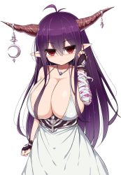 10s 1girl bandages bandaged_arm black_gloves blush breasts cleavage crescent danua draph dress fingerless_gloves gloves granblue_fantasy hair_between_eyes highres horn_ornament horns huge_breasts jewelry long_hair looking_at_viewer necklace pointy_ears purple_hair red_eyes sawati simple_background solo rating:Sensitive score:14 user:danbooru