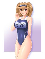  10s 1girl :p arm_behind_back arm_up breasts brown_eyes hairband i-26_(kancolle) kantai_collection large_breasts light_brown_hair long_hair looking_at_viewer nak_yama name_tag new_school_swimsuit one-piece_swimsuit open_mouth purple_background school_swimsuit smile solo standing swimsuit tongue tongue_out two-tone_background two-tone_hairband two_side_up white_background 