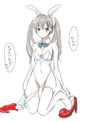 1girl animal_ears aqua_bow aqua_bowtie arms_at_sides bare_shoulders blush bow bowtie breasts brown_eyes cleavage closed_mouth commentary covered_navel detached_collar dot_mouth embarrassed fake_animal_ears full_body grey_hair groin hair_between_eyes hands_on_own_feet high_heels highleg highleg_leotard highres kneeling knees_together_feet_apart leotard long_hair monogatari_(series) oikura_sodachi playboy_bunny rabbit_ears red_footwear scrunchie shoes simple_background single_shoe sketch small_breasts solo speech_bubble strapless strapless_leotard thighhighs thighhighs_pull translated twintails usa003uni white_background white_leotard white_scrunchie white_thighhighs 