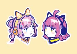  2girls ahoge animal_ear_headphones animal_ears anyoji_hime black_headphones blue_eyes blunt_bangs blunt_ends blush_stickers butterfly_hair_ornament cat_ear_headphones closed_mouth commentary cropped_hair cropped_head fake_animal_ears grin hair_ornament hairclip headphones identity_(love_live!) in-franchise_crossover link!_like!_love_live! long_hair looking_at_another love_live! love_live!_nijigasaki_high_school_idol_club medium_hair multi-tied_hair multiple_girls name_connection orange_headphones outline pink_hair ponytail sagami_(aikodesyo) smile star_(symbol) star_hair_ornament tennoji_rina tsunagaru_connect_(love_live!) virtual_youtuber white_outline yellow_background yellow_eyes 