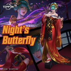 bare_shoulders breasts capcom cleavage collarbone demon_girl green_eyes green_hair hair_ornament hair_up head_wings japanese_clothes large_breasts morrigan_aensland official_art platform_clogs teppen vampire_(game) wings