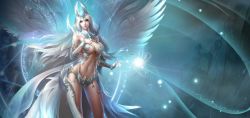 1girl angel armor bikini_armor breasts cleavage hand_on_own_chest headgear highres large_breasts league_of_angels long_hair realistic revealing_clothes solo very_long_hair white_hair wings rating:Sensitive score:19 user:danbooru