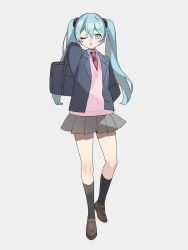  1girl :o bag black_socks blazer blue_eyes blue_hair blue_jacket blush brown_footwear carrying_over_shoulder collared_shirt grey_skirt hair_between_eyes hashtag_only_commentary hatsune_miku highres jacket kneehighs legs_apart loafers long_hair long_sleeves looking_at_viewer miniskirt necktie nitsuki_09 one_eye_closed open_clothes open_jacket open_mouth pink_sweater pleated_skirt red_necktie school_bag school_uniform shirt shoes sidelocks simple_background skirt socks solo sweater twintails v-neck vocaloid white_background white_shirt 