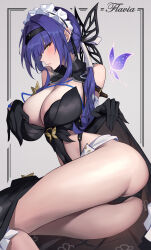  1girl absurdres ass bare_shoulders black_dress black_gloves blush breasts bug butterfly calabiyau character_name cleavage clothes_lift dress dress_lift flavia_(calabiyau) frilled_hairband frills gloves glowing_butterfly hair_ornament hairband hands_on_own_breasts highres insect large_breasts long_hair looking_at_viewer lying on_side panties purple_butterfly purple_hair ruo_zhishi_chu_jian symbol-shaped_pupils thighs underwear yellow_eyes 