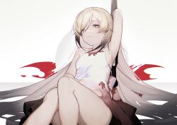  1girl anths arm_behind_head armpits bare_shoulders black_hair blonde_hair bow breasts closed_mouth commentary_request dress dress_bow feet_out_of_frame gradient_hair grey_hair hair_between_eyes highres knees_up leaning_back long_hair looking_at_viewer monogatari_(series) multicolored_hair oshino_shinobu pink_bow pointy_ears sideboob sitting sleeveless sleeveless_dress small_breasts smile solo torn_clothes torn_dress very_long_hair white_background white_dress yellow_eyes 