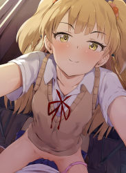  1boy 1girl blonde_hair blush cardigan_vest chair classroom closed_mouth collarbone collared_shirt desk dot_nose eyelashes from_above girl_on_top hair_ornament hetero highres idolmaster idolmaster_cinderella_girls indoors jougasaki_rika loli long_hair looking_at_viewer no_pants outstretched_arms panties panties_around_leg pink_panties pov pov_crotch pussy ribbon school_chair school_desk school_uniform seneto shirt short_sleeves sitting sitting_on_lap sitting_on_person smile solo_focus spread_legs straddling twintails two_side_up underwear upright_straddle vest yellow_eyes  rating:Explicit score:524 user:danbooru