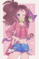  1girl antenna_hair bag bangs blue_shorts blush border brown_hair bubble_blowing chewing_gum commentary_request creatures_(company) eyelashes game_freak gen_5_pokemon green_eyes hand_on_hip highres hilda_(pokemon) holding holding_poke_ball nintendo ohds101 on_shoulder outside_border poke_ball poke_ball_(basic) pokemon pokemon_(creature) pokemon_(game) pokemon_bw pokemon_on_shoulder ponytail purrloin shorts sidelocks star_(symbol) white_border 