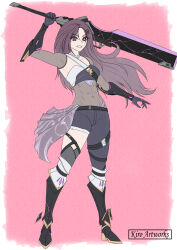  1girl abs absurdres alternate_costume armored_boots armored_gloves artist_request asymmetrical_legwear belt boots breasts chest_jewel choker commission commissioner_upload digital_hazard dusk_(wayanfa) eyelashes gauntlets gloves grin hair_ornament highres holding holding_sword holding_weapon leg_belt non-web_source original pink_eyes see-through see-through_shirt see-through_sleeves simple_background small_breasts smile sword thighs weapon 