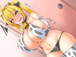  1girl animal_print bare_shoulders bell blonde_hair blush bra breasts brown_eyes cleavage cow_girl cow_horns cow_print cow_tail cowbell curvy embarrassed highres horns huge_breasts kirome_(kamipaper) long_hair looking_at_viewer navel open_mouth orange_eyes original saaya_(kirome) solo standing tail twintails underwear virtual_youtuber wide_hips  rating:Questionable score:97 user:danbooru