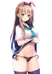  1girl :p black_panties black_sailor_collar black_skirt black_thighhighs blue_neckerchief blush bow bow_panties breasts brown_eyes brown_hair closed_mouth clothes_lift commentary_request gabao. groin hair_ribbon lifted_by_self long_hair medium_breasts navel neckerchief original panties red_ribbon ribbon sailor_collar school_uniform serafuku shirt side-tie_panties simple_background skirt skirt_lift smile solo thighhighs tongue tongue_out twitter_username underwear very_long_hair white_background white_shirt 