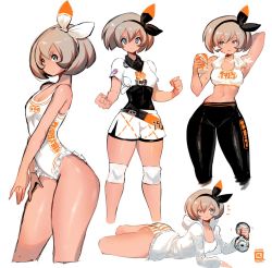 1girl alternate_costume ass bea_(pokemon) blouse blue_eyes blush bodysuit bodysuit_under_clothes breasts brown_hair cleavage creatures_(company) dark-skinned_female dark_skin female_focus game_freak gym_leader gym_uniform hair_ribbon heavy_breathing huge_ass kenron_toqueen looking_at_viewer looking_back lying medium_breasts multiple_views nintendo one-piece_swimsuit panties pokemon pokemon_swsh ribbon shiny_skin shirt short_hair shorts sports_bra striped_clothes striped_panties sweat swimsuit thighs translation_request underwear white_background white_one-piece_swimsuit white_shirt rating:Questionable score:84 user:fakyuh