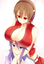 1boy 1girl bare_shoulders blue_eyes blush breast_rest breasts breasts_on_head brown_hair cleavage collarbone facominn headset highres huge_breasts kamui_gakupo meiko_(vocaloid) purple_hair red_eyes short_hair smile sweat vocaloid rating:Questionable score:40 user:joeyjoe