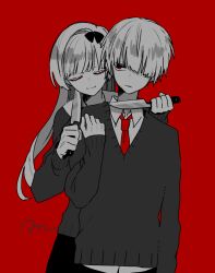  1boy 1girl blade_to_throat bow collared_shirt frown hair_bow hair_over_one_eye highres holding holding_knife jitome knife long_hair long_sleeves looking_at_another looking_to_the_side maco22 monochrome necktie original red_background red_eyes shirt short_hair smile sweater very_long_hair 