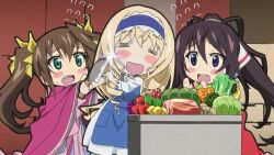  3girls apron bow breasts brown_hair cecilia_alcott chibi closed_eyes constricted_pupils cooking covered_navel drill_hair food green_eyes hair_bow hair_ribbon hairband highres huang_lingyin infinite_stratos japanese_clothes knife large_breasts legs long_hair meat multiple_girls open_mouth panicking ponytail ribbon scared shinonono_houki smile thick_thighs thighs twintails vegetable very_long_hair wide-eyed 