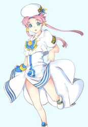  1girl aria_(manga) bare_legs beret blue_background blue_bow blue_bowtie blue_gloves blush bow bowtie collarbone dress eyelashes foot_out_of_frame gloves gold_trim green_eyes hair_tubes hat highres legs looking_down mizunashi_akari mono9ron open_mouth parted_bangs pink_hair sailor_collar short_hair_with_long_locks short_sleeves single_glove skirt_hold solo standing standing_on_one_leg white_dress white_footwear white_hat 